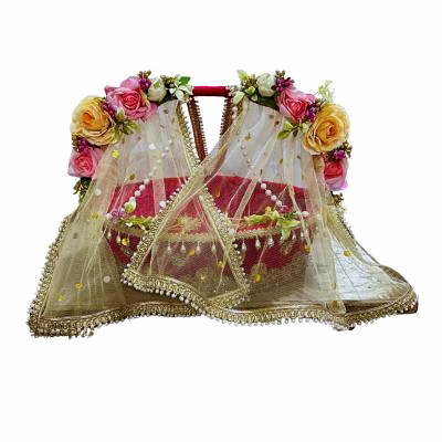 Eco Friendly Wicker basket|Singhasan carry Bed for Laddu Gopal Ji/Baby Krishna Bed for Janmashtami Pooja in Home Temple|Pink-Multicolor image 2