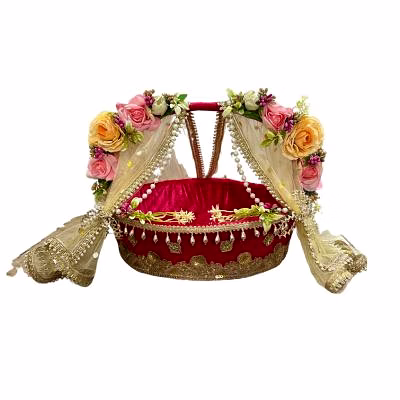 Eco Friendly Wicker basket|Singhasan carry Bed for Laddu Gopal Ji/Baby Krishna Bed for Janmashtami Pooja in Home Temple|Pink-Multicolor image 3