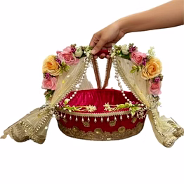 eco friendly wicker basket|singhasan carry bed for laddu gopal ji/baby krishna bed for janmashtami pooja in home temple|pink-multicolor