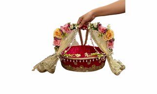 Eco Friendly Wicker basket|Singhasan carry Bed for Laddu Gopal Ji/Baby Krishna Bed for Janmashtami Pooja in Home Temple|Pink-Multicolor