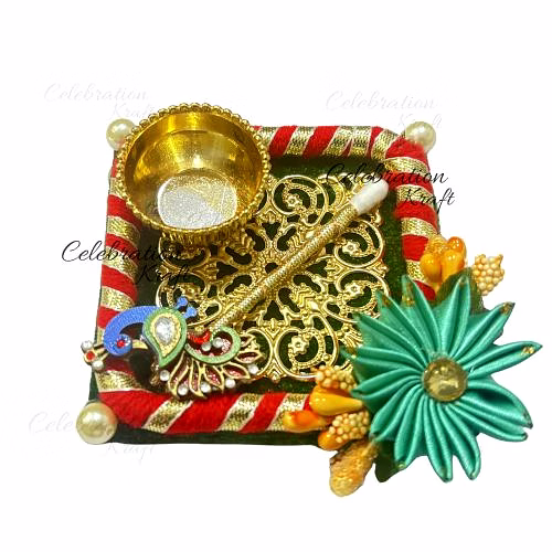 tilak plate| Celebration Kraft |Handcrafted Tilak Platter with Roli Chawal Inbuilt Katori – Beautiful Aarti Plate for Home Temple, Puja Room, and Welcome Rituals image 2