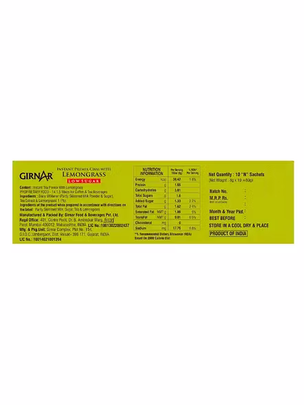 Girnar Low Sugar Lemon Grass Chai Instant Premix (10 Pcs)-1
