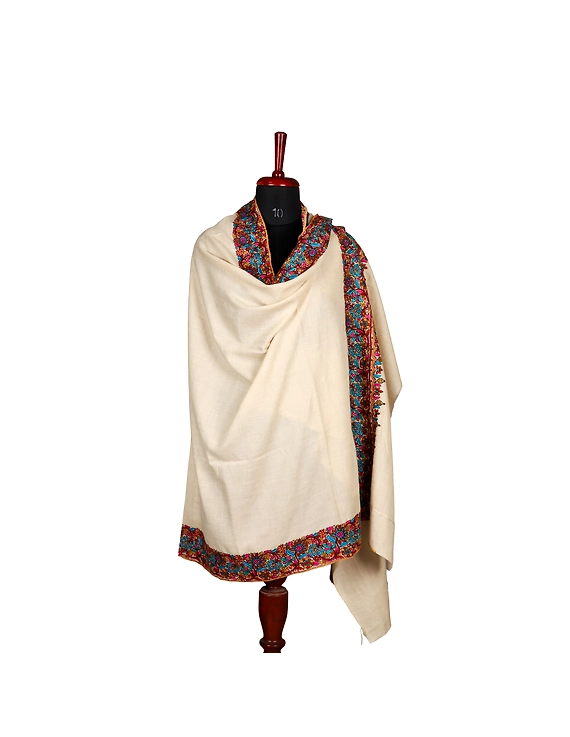 Cream Border Embroidered Pashmina Shawl-SH13