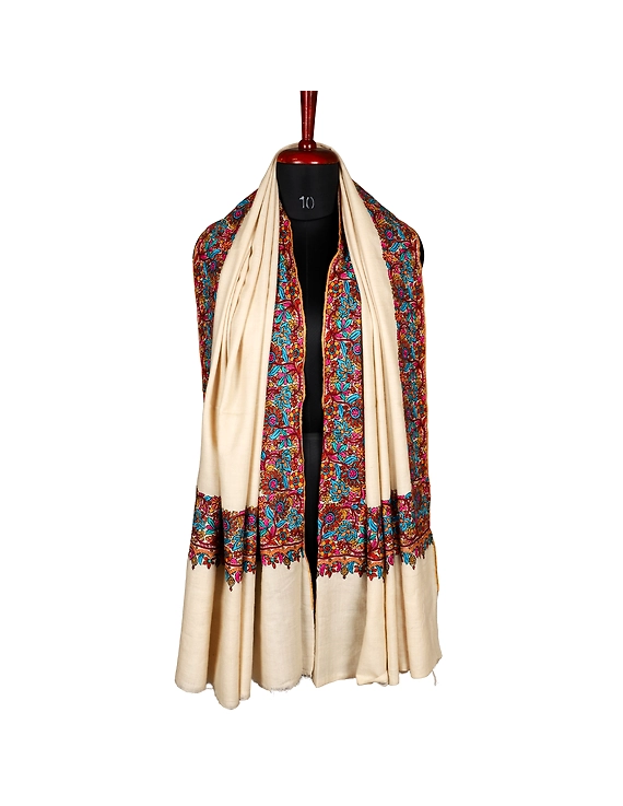Cream Border Embroidered Pashmina Shawl-1