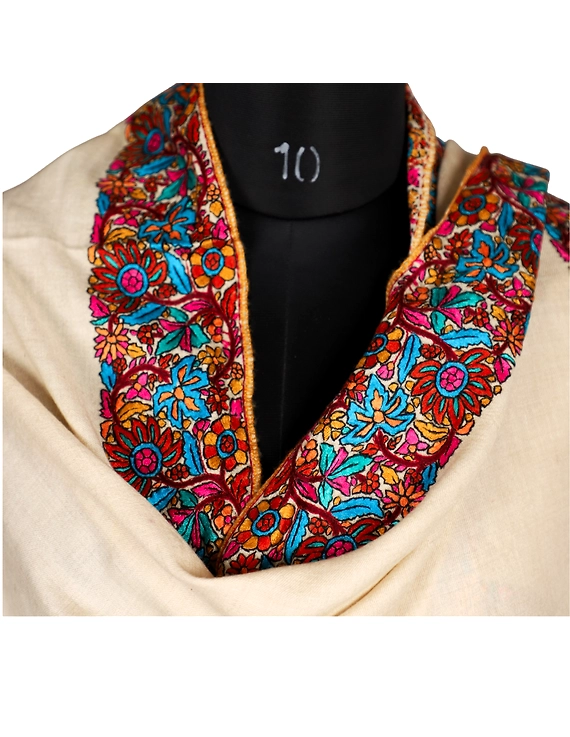 Cream Border Embroidered Pashmina Shawl-3