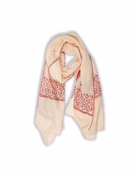 Cream Embroidered Semi Pashmina Two Pal Stole-1-sm