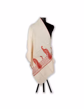 Cream Embroidered Semi Pashmina Two Pal Stole-3-sm