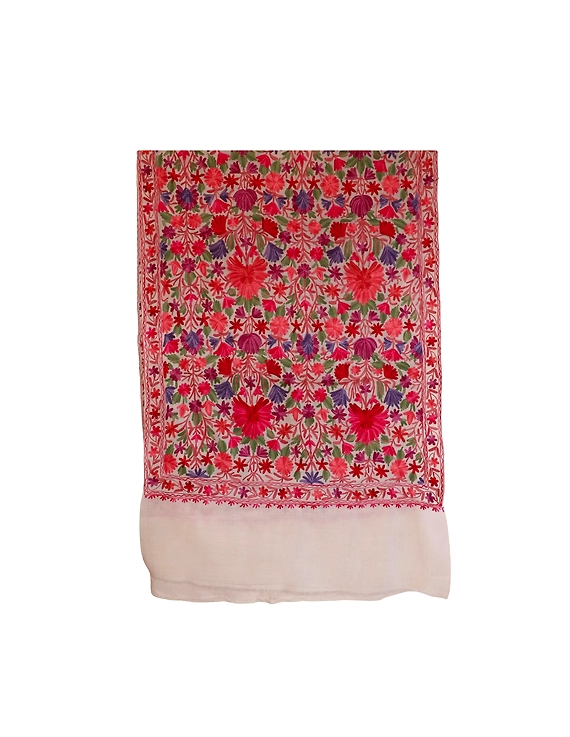 White Embroidered Semi Pashmina Jamawar Stole-ST30