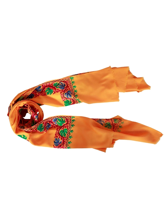 Yellow Embroidered Kashmiri Woolen Chinardar Shawl-1