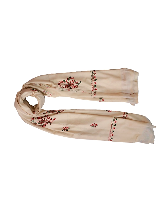 Cream Embroidered Kashmiri Woolen Chinardar Shawl-1