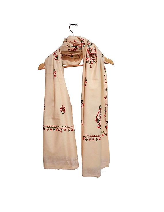 Cream Embroidered Kashmiri Woolen Chinardar Shawl-2