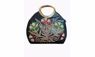 Black  Sozni Embroidered Leather Handbag with Brass Handle