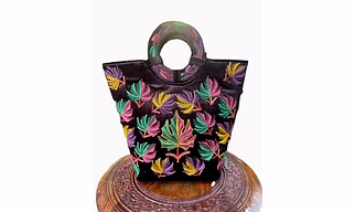Black Sozni Embroidered Leather Handbag with Short Leather Handle