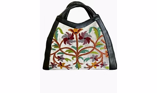 White and Black Embroidered Leather Handbag