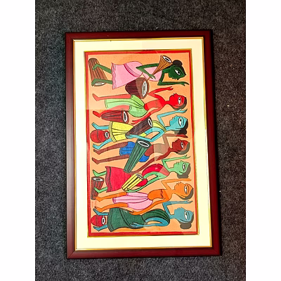 acrylic color painting on cartridge paper - seven figures of humans of ancient culture