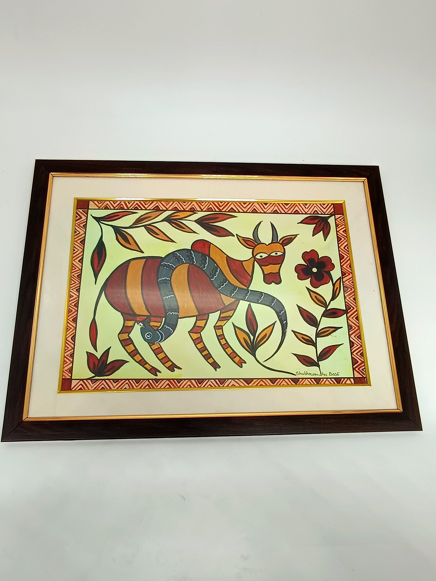 Acrylic Color Painting on Cartridge Paper - Sohrai Painting Cow with Snake image 1
