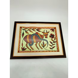 acrylic color painting on cartridge paper - sohrai painting cow with snake