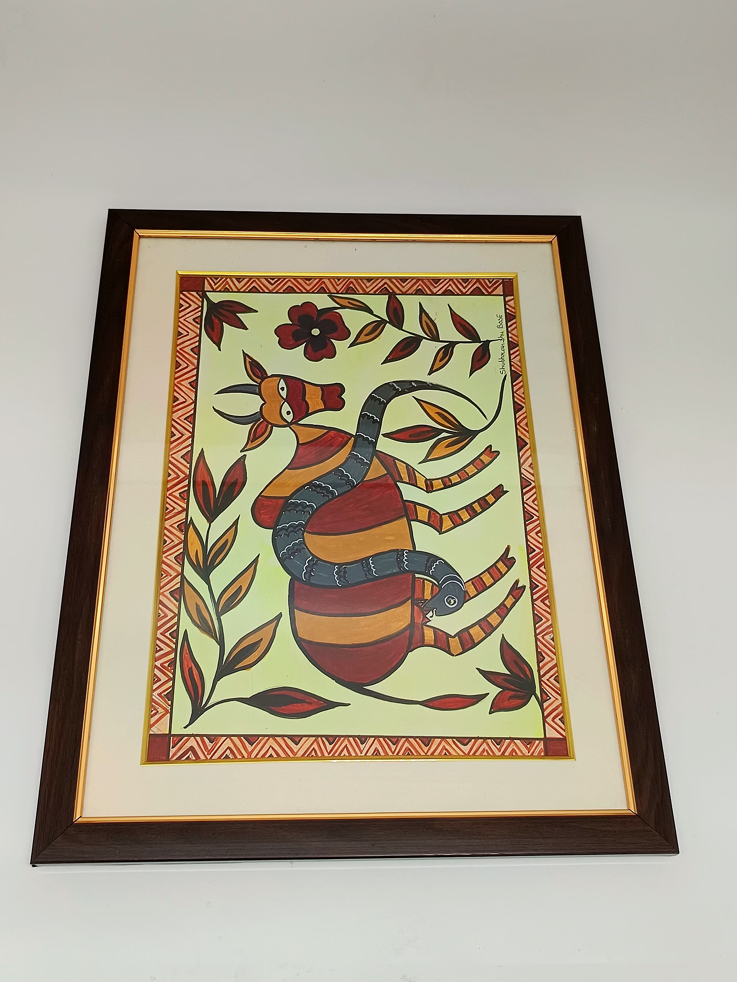 Acrylic Color Painting on Cartridge Paper - Sohrai Painting Cow with Snake image 3