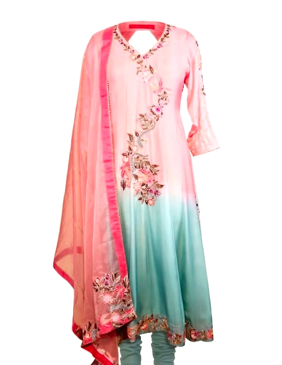 Aqua Pink Rose Crepe Silk Embroidered Designer 3-Piece Suit-WS01
