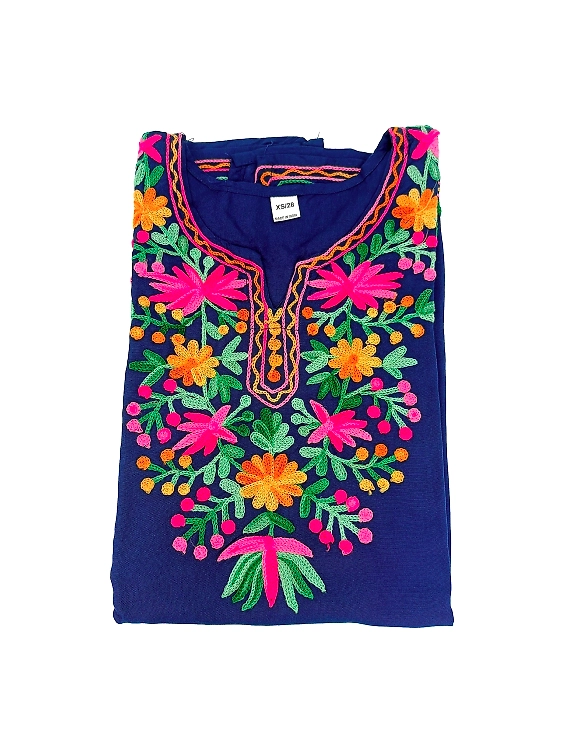 Dark Blue Aari Work Cotton Short Kurta – Women-WK11