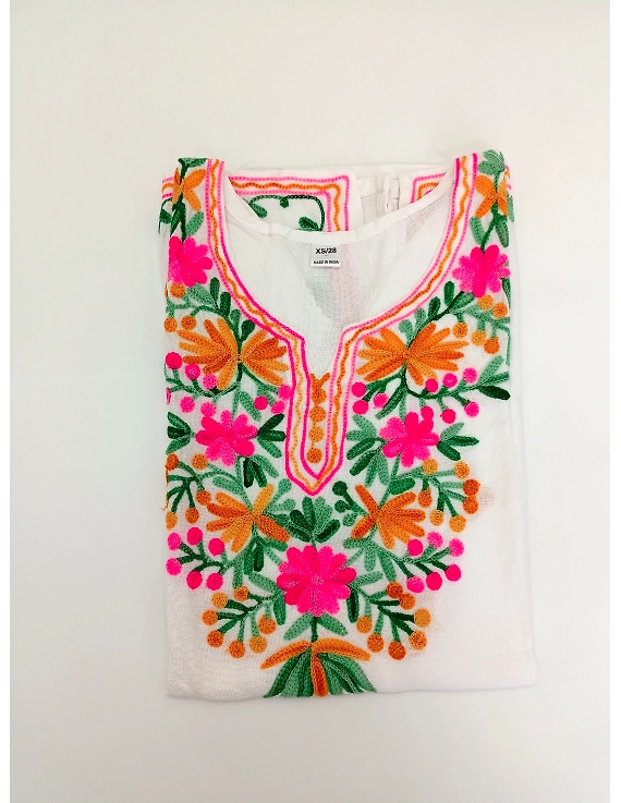 White Aari Work Kids Cotton Kurta - Girls-KK06