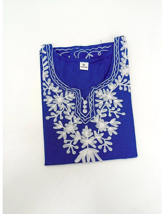 Blue Aari Work Cotton Long Kurta - Women-WK34