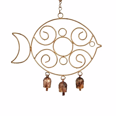 shark fish shaped wind chime with 3 bells – copper finish