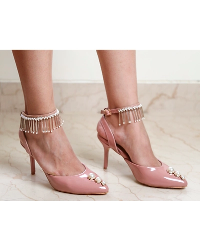 Nude Patent Heels with Pearl Embellished Anklet-WWNF181003