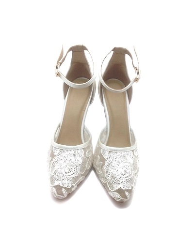 White Floral Lace Heels with Ankle Strap-2