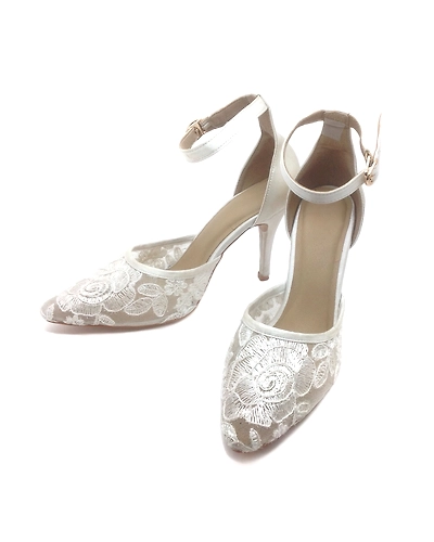 White Floral Lace Heels with Ankle Strap-1
