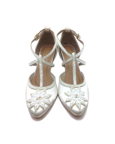 White Satin Heels with Floral Embroidery and Cross Straps-2