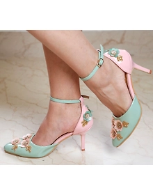 Baby Pink and Mint Green Heels with Floral Embroidery