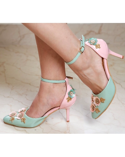 Baby Pink and Mint Green Heels with Floral Embroidery-WWNF181002