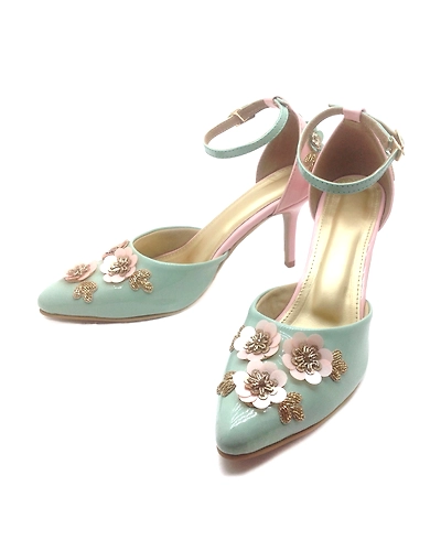 Baby Pink and Mint Green Heels with Floral Embroidery-1