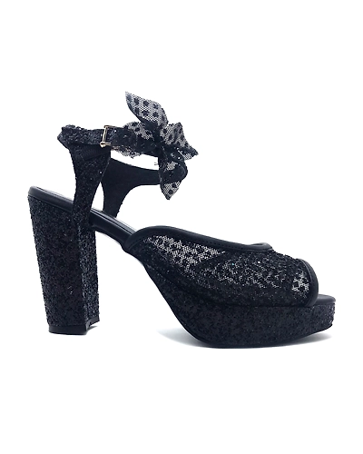 Black Lace Shimmer Heels with Bow-4