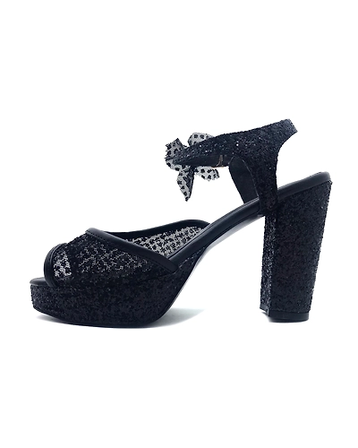 Black Lace Shimmer Heels with Bow-3