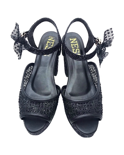 Black Lace Shimmer Heels with Bow-2