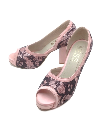Pink and Black Lace Block Heels-WWNS190302