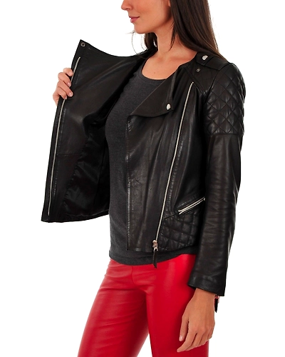 Women's Slim Biker Motorcycle Lambskin Leather Jacket #17-1