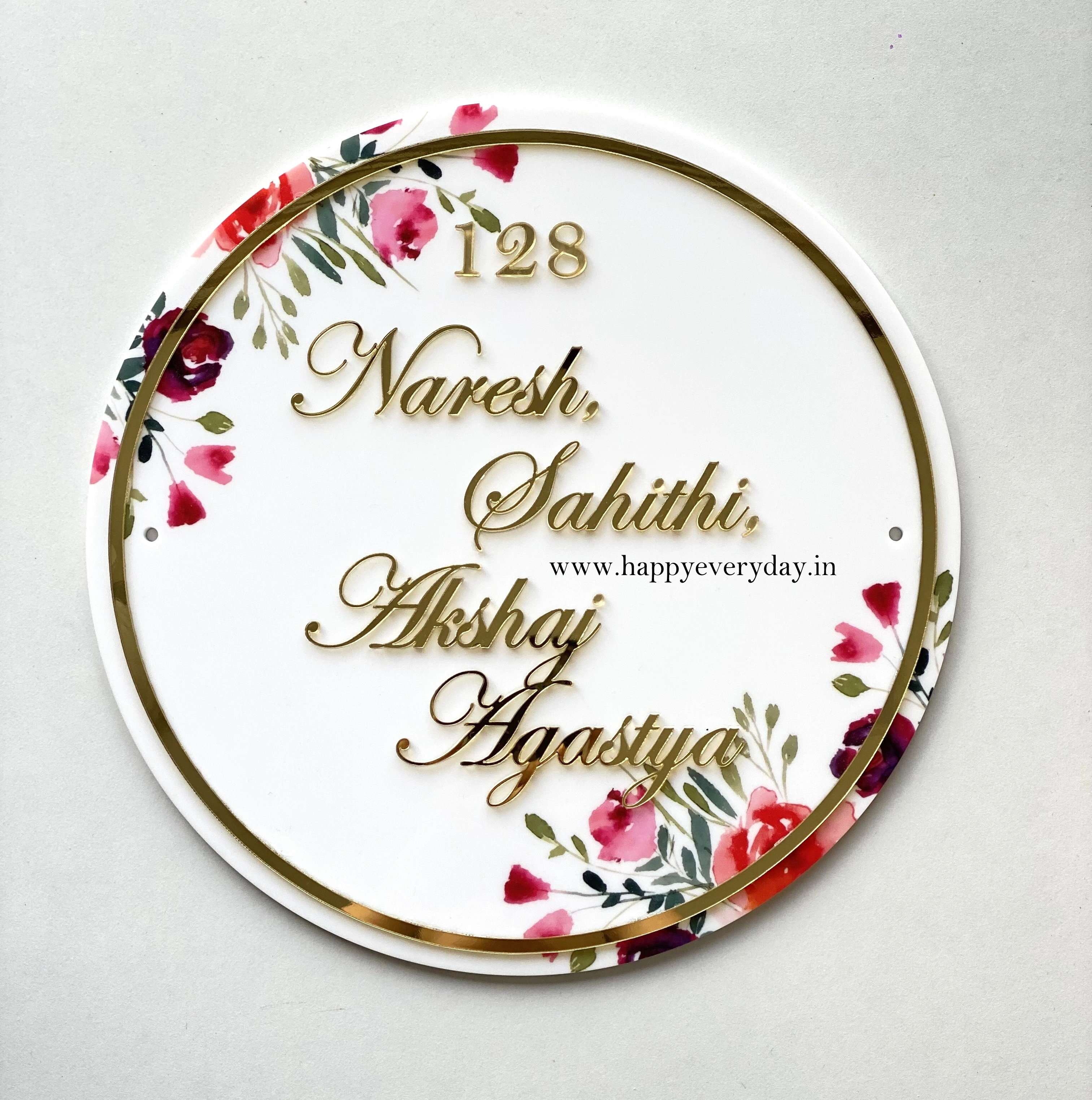 Floral Maroon and Pink Nameplate - Circle-HE031-1