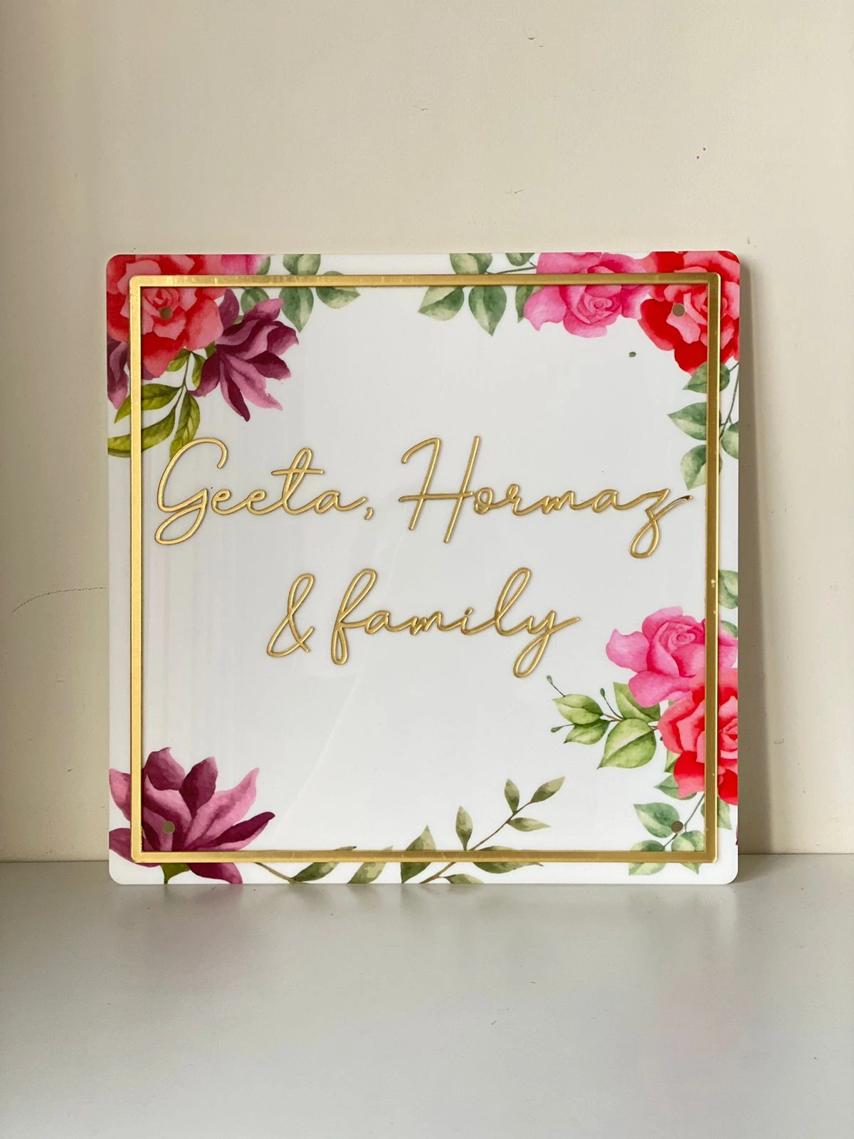 Red and Pink Floral Nameplate - Square-HE031