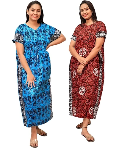 YOZLY Women's Cotton Kaftan Maxi Nighty Night Dress Gown, Free Size Pack of 2-MAXICKPO2