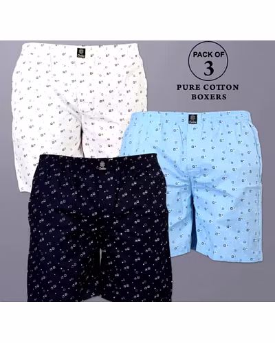 Men's Printed Cool Cotton Boxers Shorts Combo Pack - Blue, Black &amp; White-MPCBS3PCSCombo