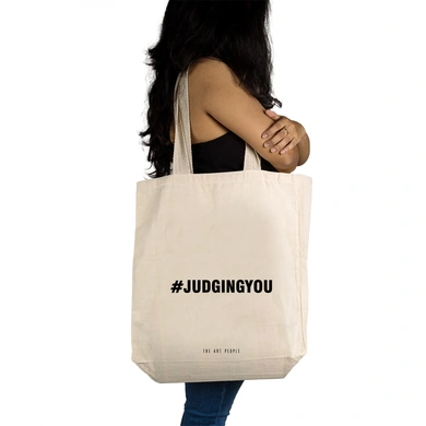 Judging You Tote- Cotton Canvas, Size - 15 x 15 x 4 Inches(LxBxH)-Off White-2