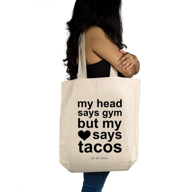 My Head Says Gym Tote  - Cotton Canvas, Size - 15 x 15 x 4 Inches(LxBxH))-Off White-2