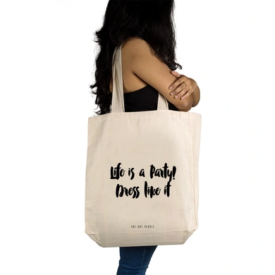 Life is a Party  Tote - Cotton Canvas, Size - 15 x 15 x 4 Inches(LxBxH)-Off White-2