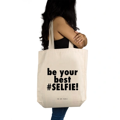 Selfie Tote  - Cotton Canvas, Size - 15 x 15 x 4 Inches(LxBxH)-Off White-2