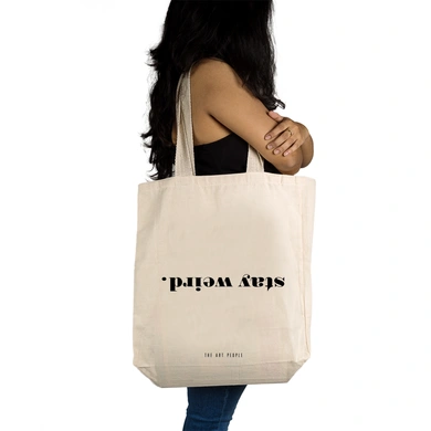 Stay Weird Tote  - Cotton Canvas, Size - 15 x 15 x 4 Inches(LxBxH)-Off White-2