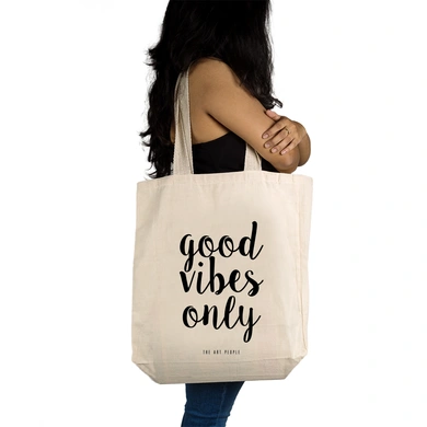 Good Vibes Tote  - Cotton Canvas, Size - 15 x 15 x 4 Inches(LxBxH)-Off White-2