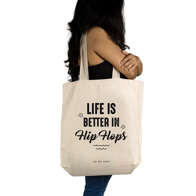 Life Is Better In Flip-Flops Tote - Cotton Canvas, Size - 15 x 15 x 4 Inches(LxBxH)-Off White-2